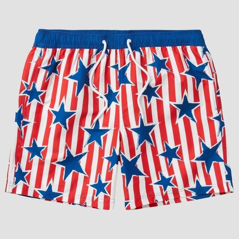 Mad Engine Men's Size L Star Print Striped Americana Swim Shorts Blue/Red